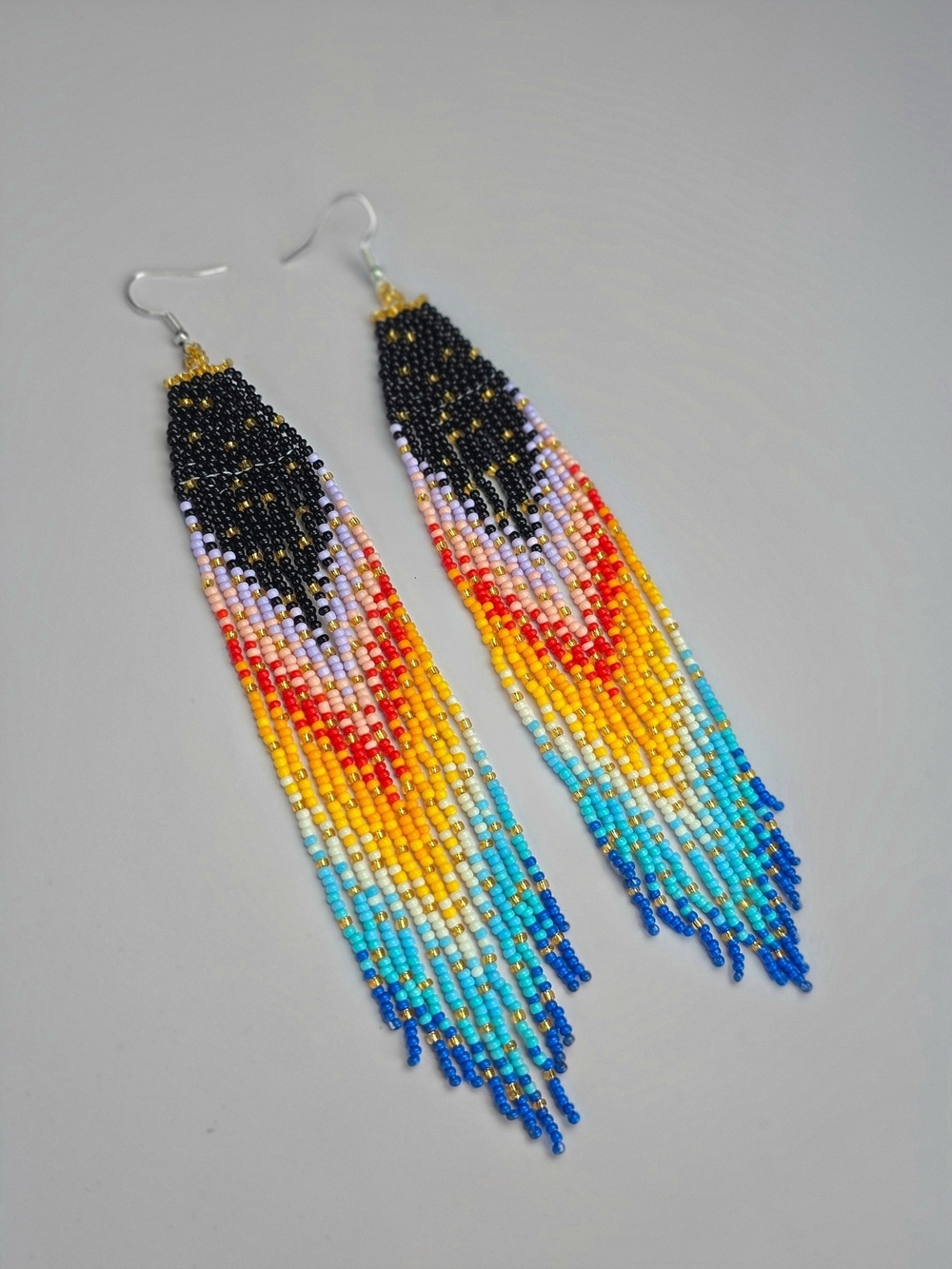 Rainbow Boho Beaded Fringe Earrings Handmade Cosmic Jewelry